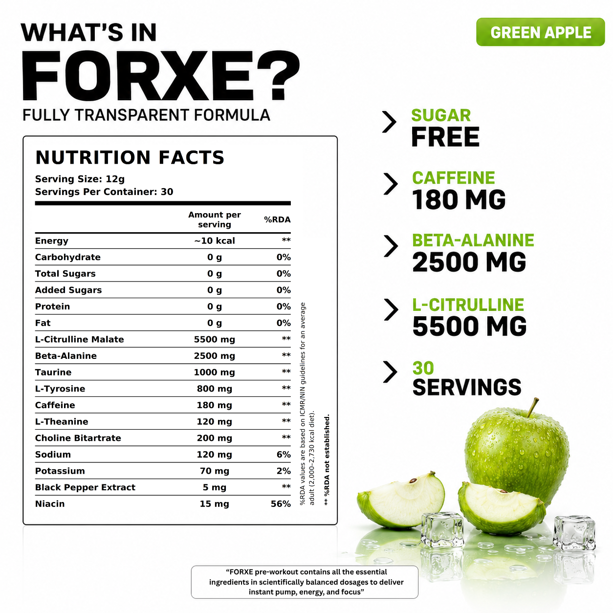 Forxe Pre Workout – Green Apple (Nootropic Energy Formula)