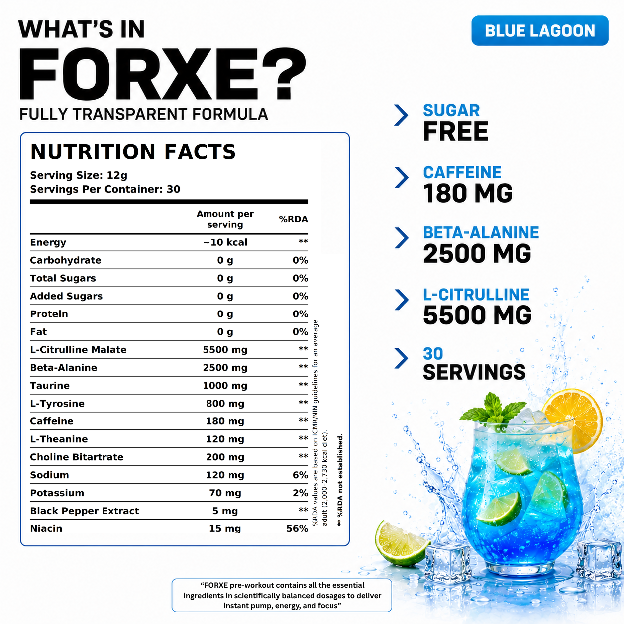 Forxe Pre Workout – Blue Lagoon (Nootropic Energy Formula)
