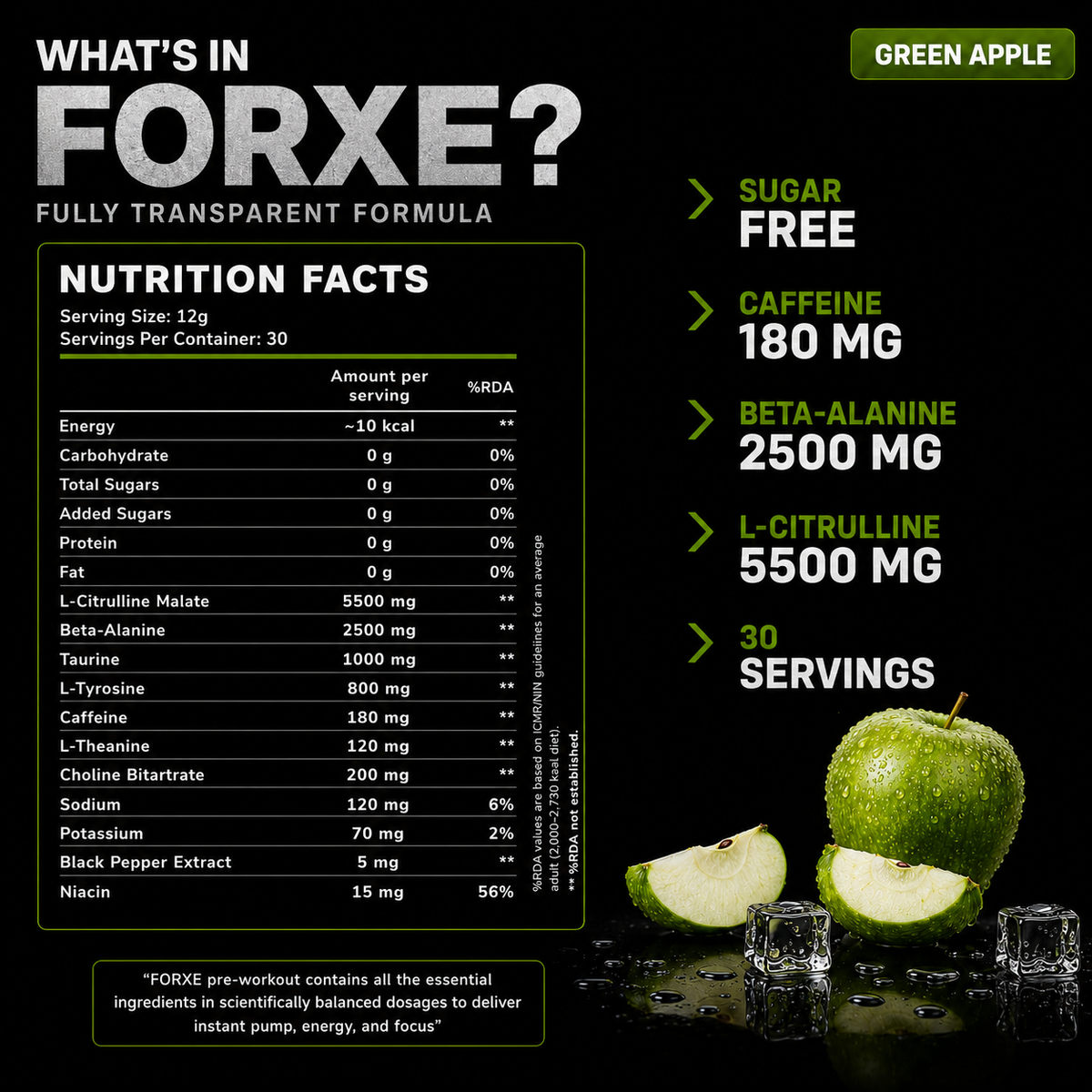Forxe Pre Workout – Green Apple (Nootropic Energy Formula)